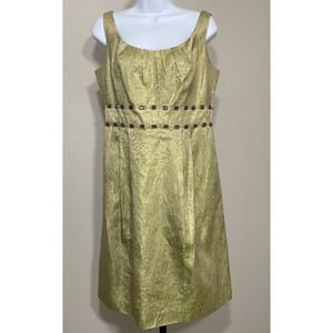 Kay Unger Metallic Gold Green Jacquard Cocktail Dress Sz 10 Embellished